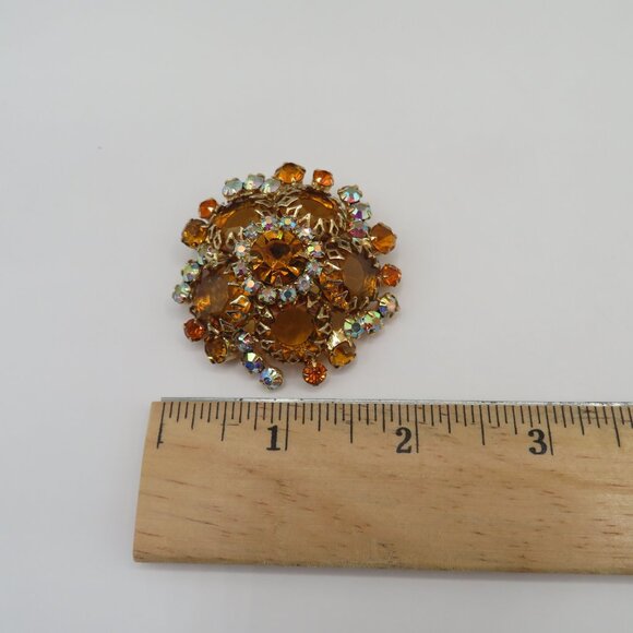 Juliana D&E Dog Toothed Pronged Orange and AB Stones Gold Tone Dome Brooch - Picture 11 of 11